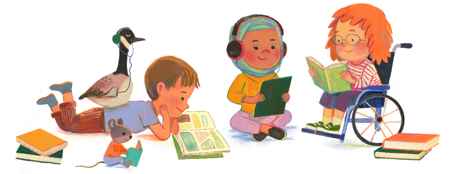 Cartoon characters in various reading poses, including a robot with a tablet.