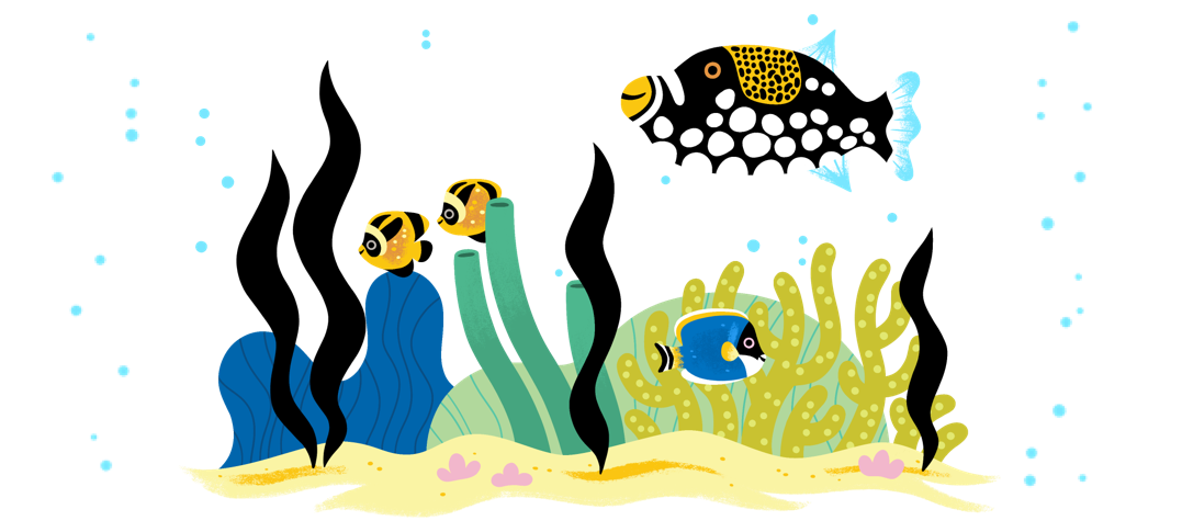 decorative illustration of sea creatures and children reading books together