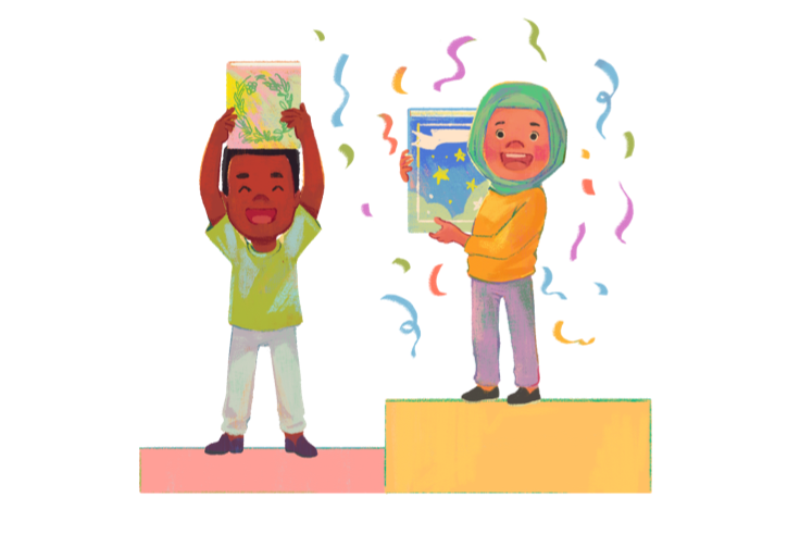 confetti falling on child wearing hijab and celebrating a first place book on a platform with a child beside on a lower platform happily holding up second place book