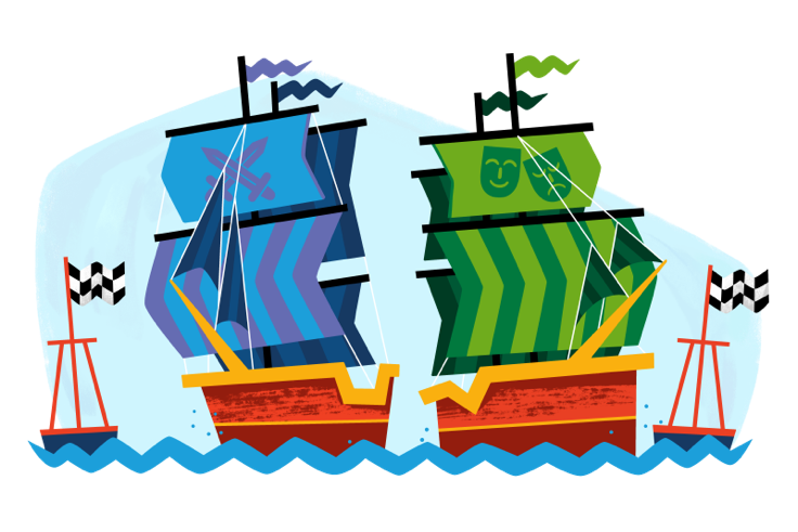 two big ships with crossed swords and theatre masks racing to finish line