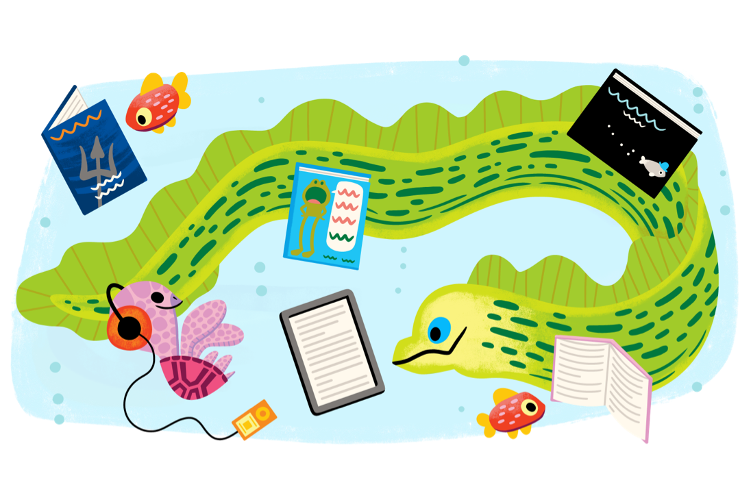 electric eel reading table sea turtle listening to e-audiobook and gold fish reading books