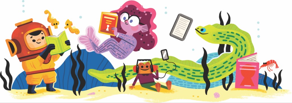 Cartoon characters in various reading poses, including a robot with a tablet.