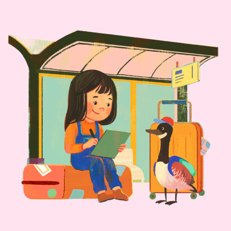 Child sitting on luggage drawing Canadian goose at bus shelter