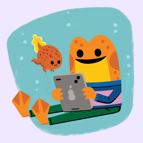 frog and tadpole reading on a tablet