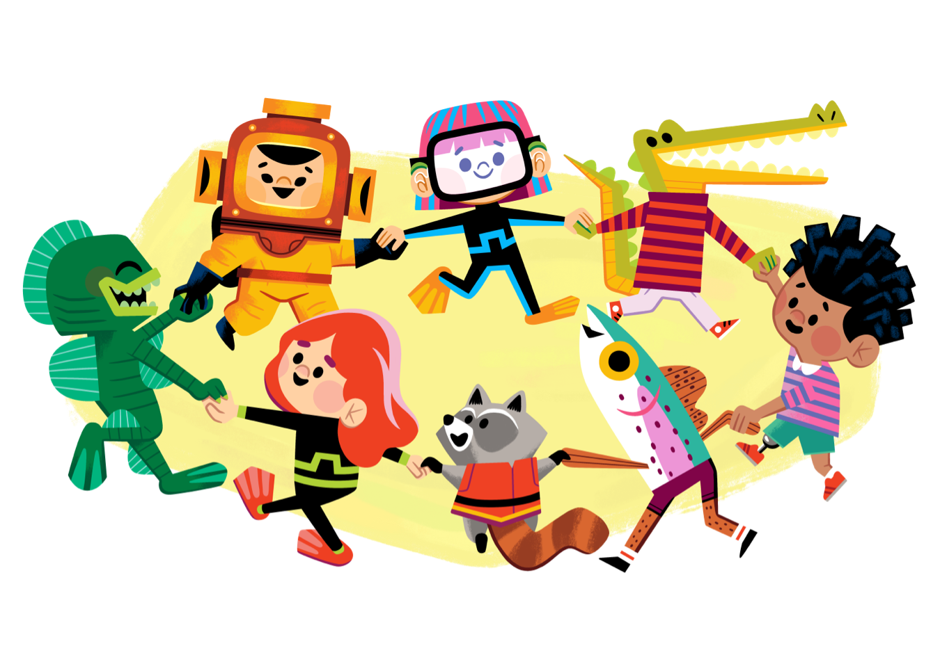 children with varying abilities and animals holding hands in a circle