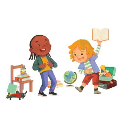 child surrounded by books and toys, belly laughing while another laughing child holds a book in the air
