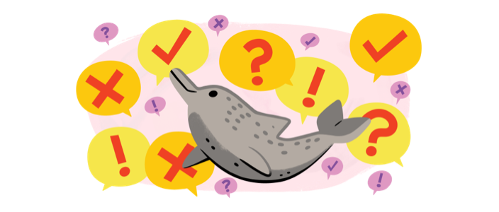 Goose and beaver sitting on a grassy hill with a child in the middle pointing upwards with a question mark cloud above their head