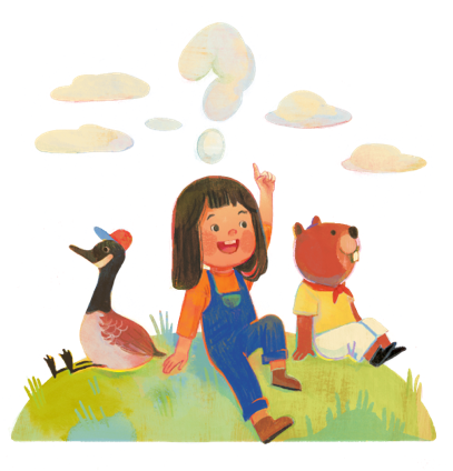 Goose and beaver sitting on a grassy hill with a child in the middle pointing upwards with a question mark cloud above their head