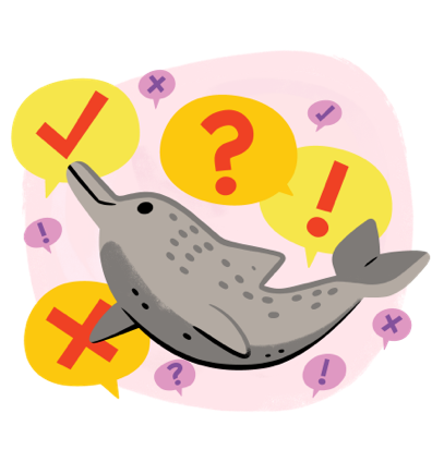 Goose and beaver sitting on a grassy hill with a child in the middle pointing upwards with a question mark cloud above their head