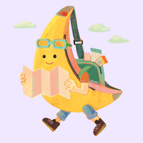 Banana fanny pack person wearing a knapsack and walking with map