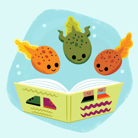 three tadpoles reading a book together