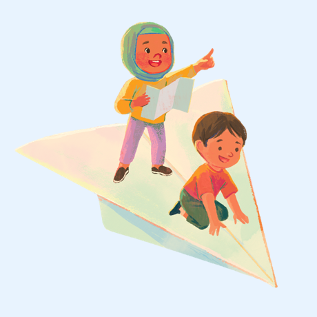 Two children flying on paper plane