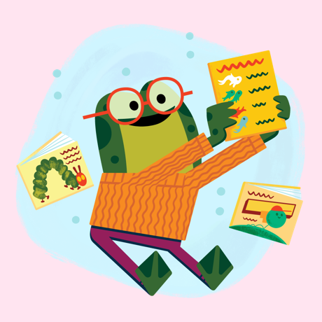 frog with glasses reading books