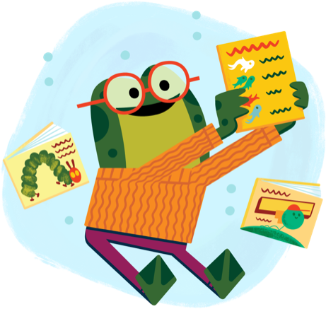 frog with glasses reading books