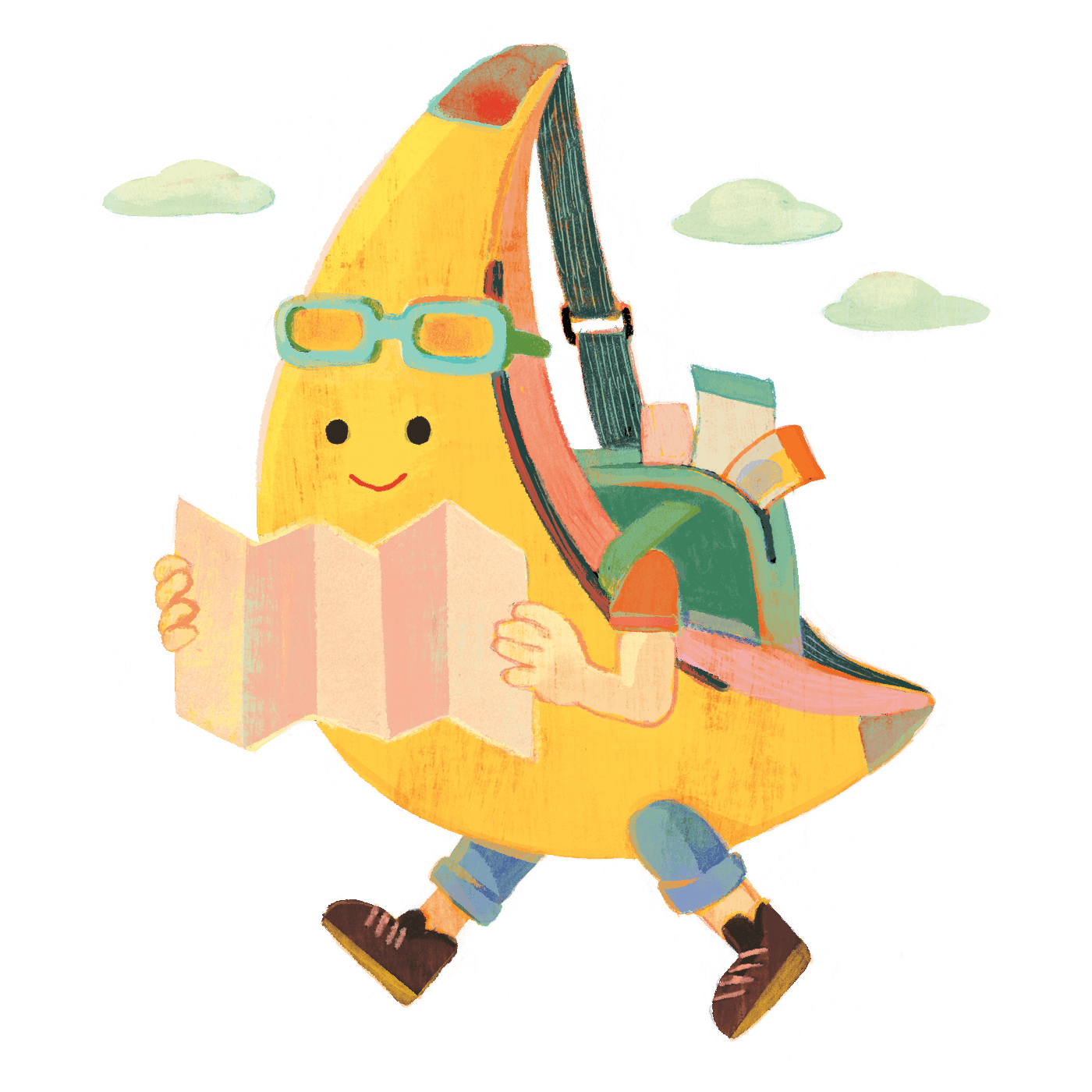 un sac banane marchant avec une carte dans les mains