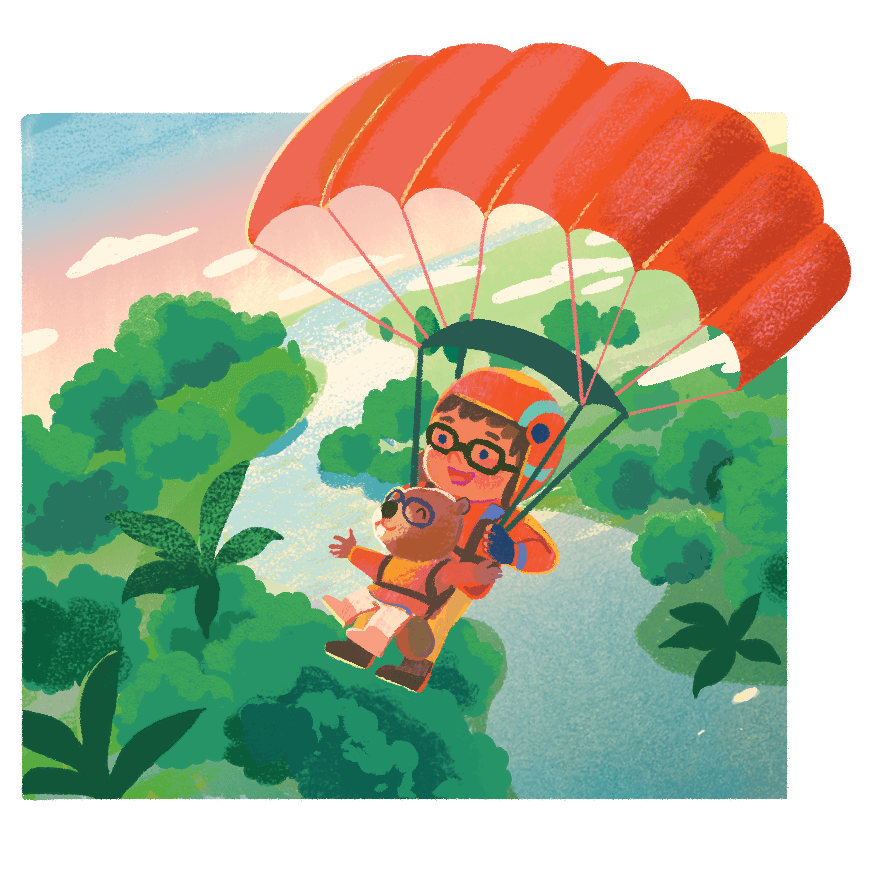 un enfant et un castor survolant un paysage verdoyant en parachute
